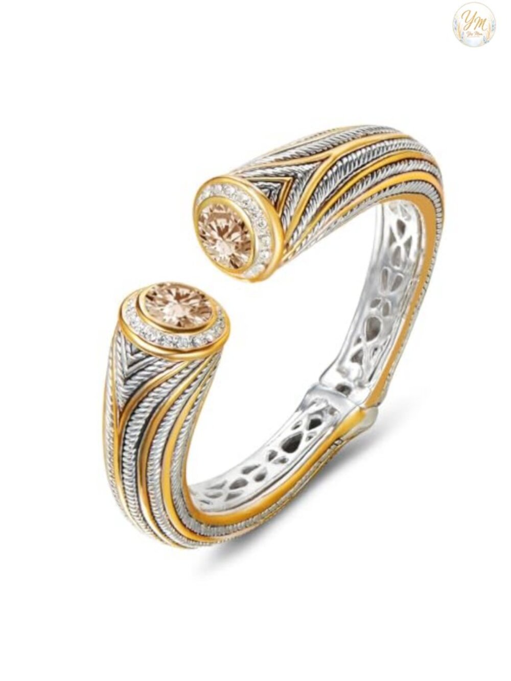 Twisted Wire Cable CZ Cuff Bangle Open Cuff Two Tone Plated